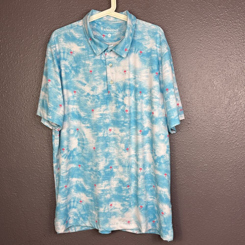 Chubbies Men's XL Polo Shirt Blue Clouds Palm Trees Short Sleeve Golf Stretch